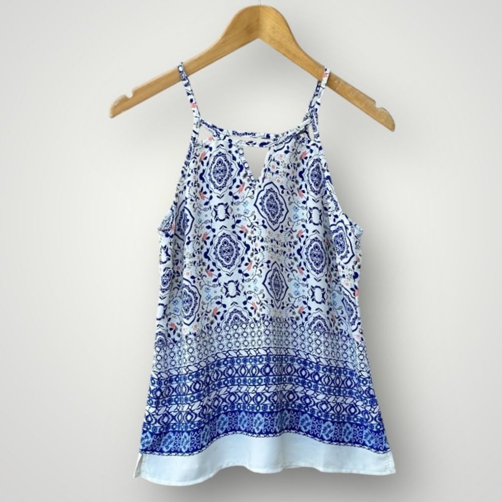 Skies Are Blue White and Blue Printed Halter Tank Top